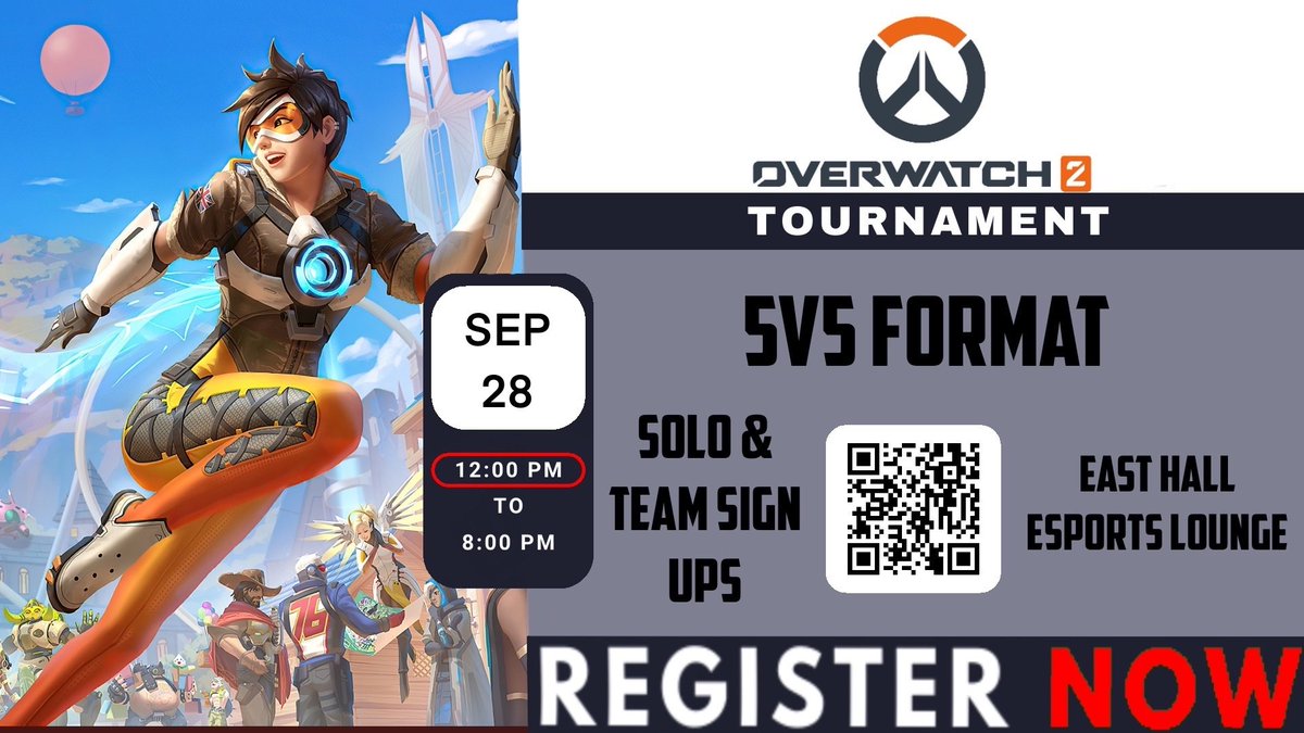 We're back Goats!

We'll be hosting an Overwatch 2 Tournament on Sunday, September 28th @ 12PM inside the Esports Lab in East Hall.

You can sign up using the form below by September 26th at 11:59 PM. See you there!

forms.gle/RyuoQKKjK5iBa3…