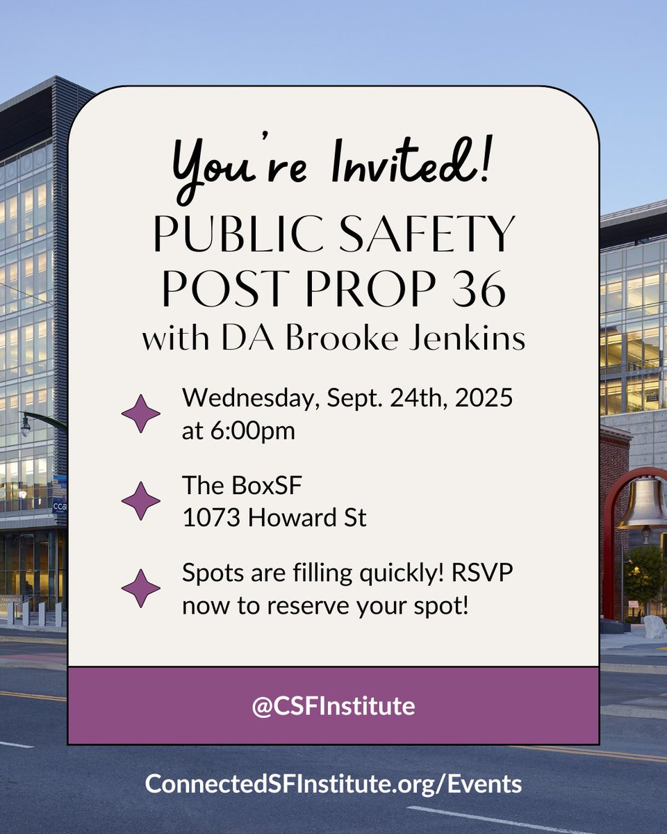 Discuss public safety post-Prop 36 with SF DA Brooke Jenkins! Learn how new laws are shifting focus to drug treatment vs jail.

Sept 24, 6 PM | The BoxSF, 1073 Howard St.

RSVP: form.jotform.com/252446942212151