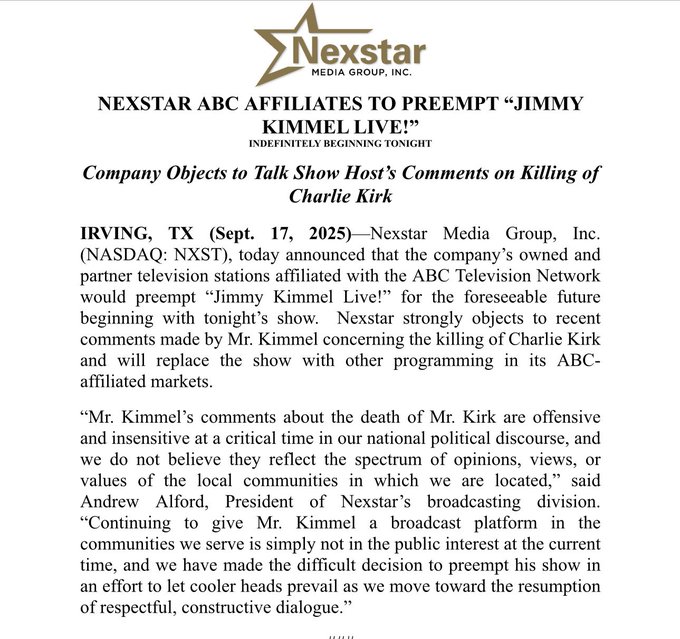 A logo featuring a star and the word "Nexstar" in bold uppercase letters. Text below reads "NEXSTAR ABC AFFILIATES TO PREEMPT 'JIMMY KIMMEL LIVE!' INDEFINITELY BEGINNING TONIGHT." Additional text mentions Irving, TX, September 17, 2025, and Nexstar Media Group, Inc.