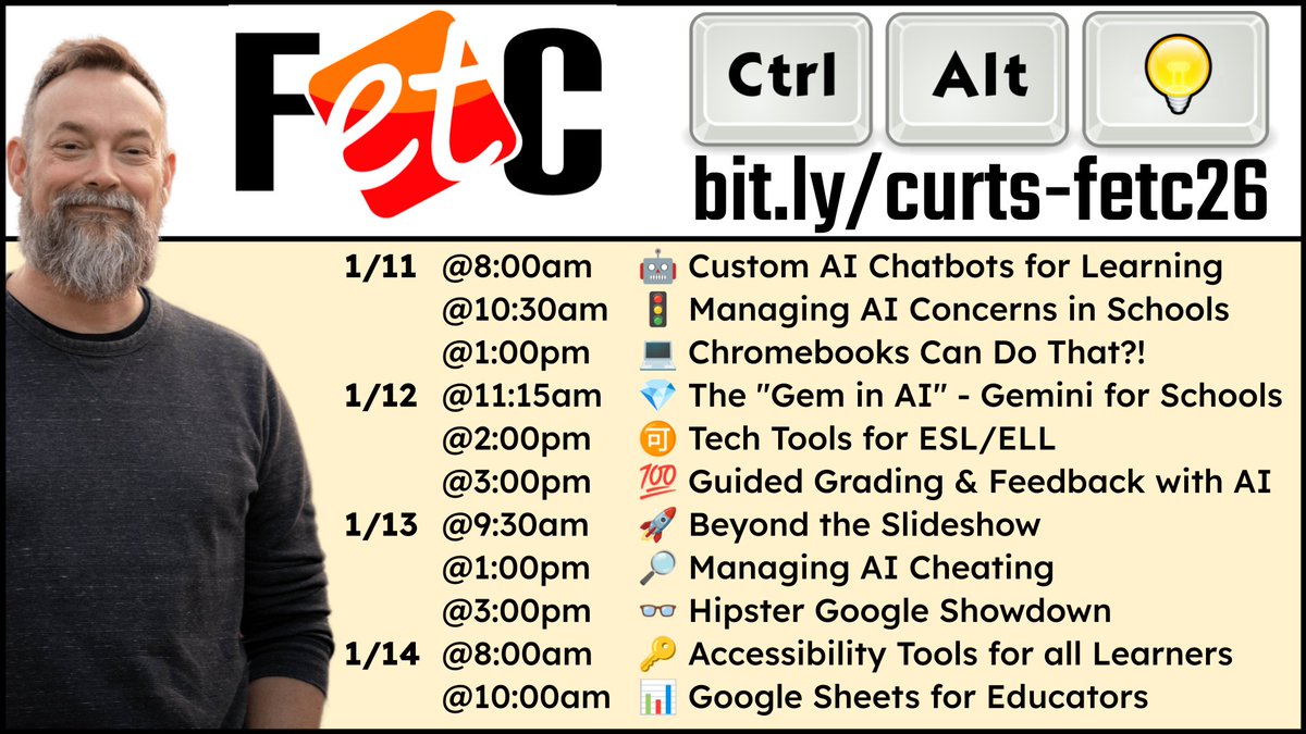 ericcurts's tweet image. 📢 Join me at FETC26 Jan 11-14 in Orlando FL for the best EdTech learning!

💰 Save 10% with code FETC26SPEAKER

🧰 Details &amp;amp; resources for all 11 of my sessions here:
controlaltachieve.com/2025/09/fetc26…

#edtech #FETC @fetc
