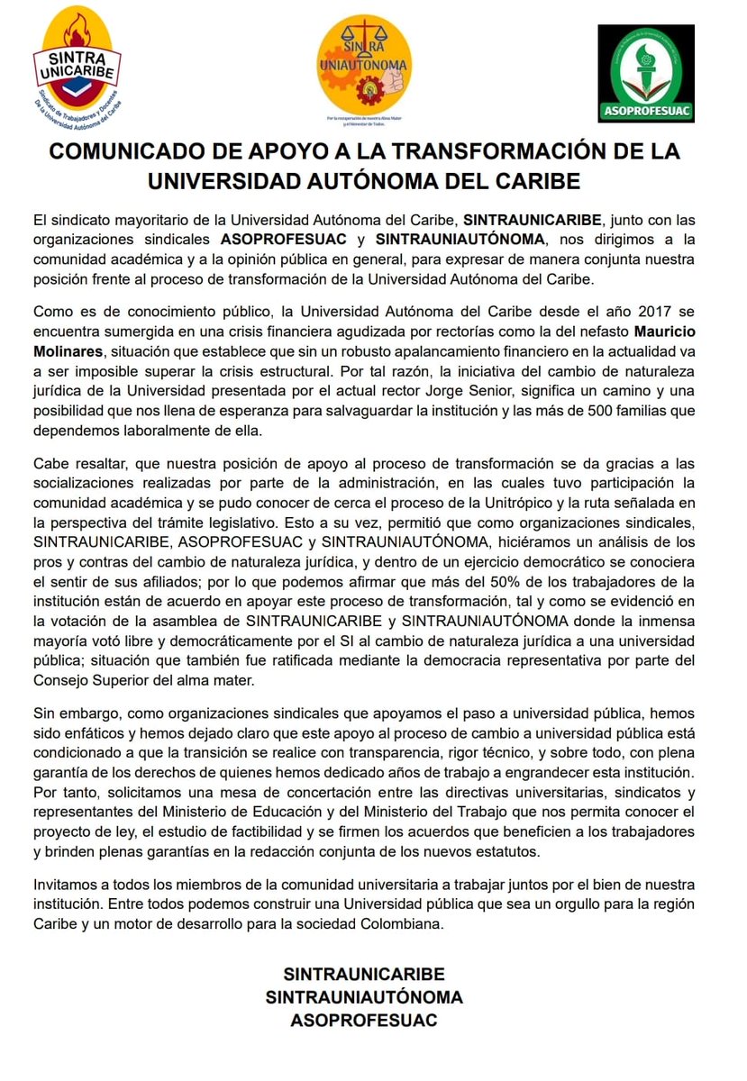 MoisesBaron8's tweet photo. @sintraunicaribe con Sintrauniautonoma y Asoprofesuac, sigue liderando voz trabajador@s en construcción de  alternativa que propone  Universidad Autónoma del Caribe, convertir a la universidad en ENTE PÚBLICO. Asumimos el reto, defendiendo Derechos. @petrogustavo  @Mineducacion https://t.co/0HEf9neZaS