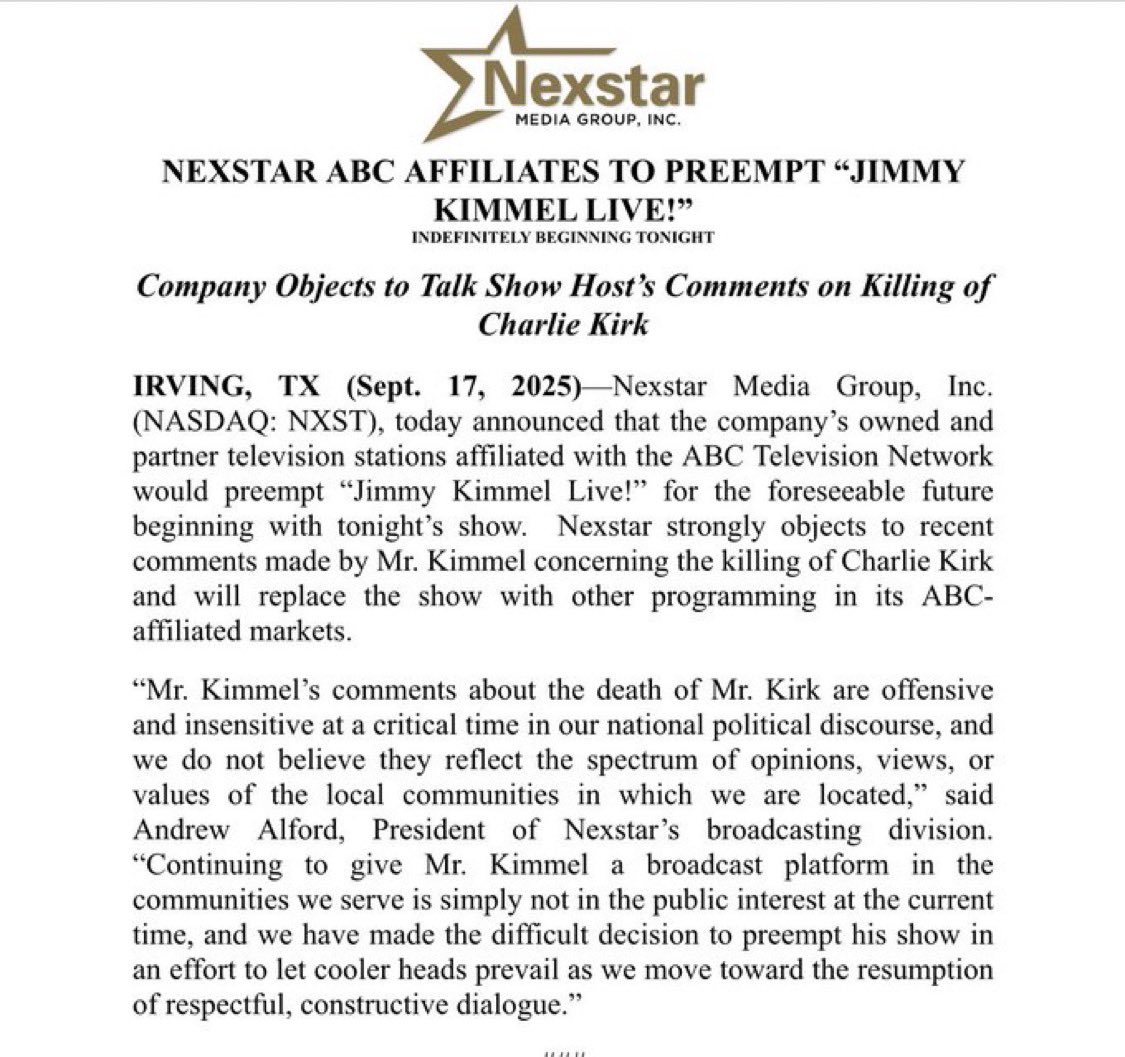 BREAKING: Nexstar has just dropped Jimmy Kimmel’s show from all ABC stations effective immediately.

Jimmy Kimmel’s career may be over.