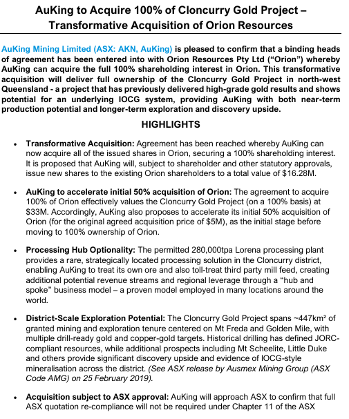 $AKN has signed a binding deal to acquire 100% of Orion Resources giving us full ownership of the Cloncurry Gold Project in QLD. 

With Mt Freda, Golden Mile, a district-scale pipeline of gold &amp; copper targets, plus the A$50M Lorena plant.