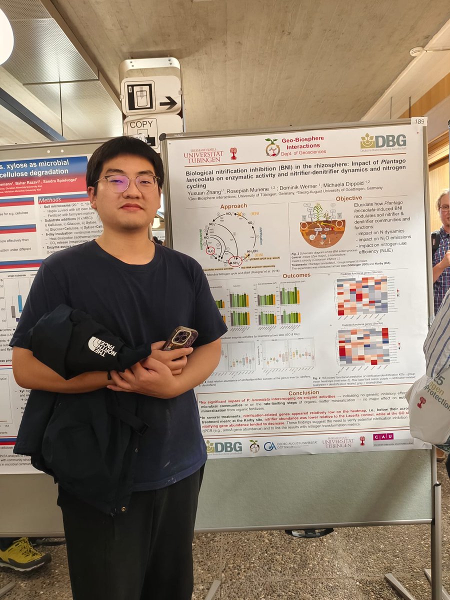 MichaelaDippold's tweet photo. Monday was our #GBI Poster-Party-Day at #DBG2025: 2 times #RootWayS project with Jiangyuzhuo Wang's #subsoil labeling &amp; Yihan Pu's mesh tubes on #intercropping benefit. Yuxuan Zhang of #BNI-2030 added #nitrification inhibition &amp; Ningkang Sun #AMF driven P mobilization on top 🙌 https://t.co/ohlld5apMJ