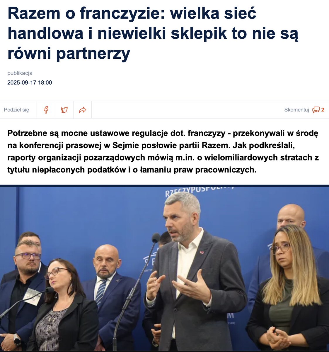 Czas na konkrety. 17 września, wspierani przez
<a href="/partiarazem/">Razem</a>, uczestniczyliśmy w posiedzeniu sejmowej podkomisji stałej ds rynku pracy poświęconym problemowi #franczyza w Polsce. 

Strona rządowa potraktowała sprawę bardzo poważnie.

Stanowiska i ekspertyzy zaprezentowało