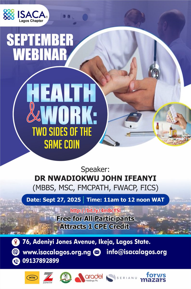 ISACALAGOS149's tweet photo. ISACA Lagos Monthly Webinar ๐ค
Topic: Health & Work โ Two Sides of the Same Coin
Discover how wellbeing and productivity go hand in hand.
#ISACALagos #WellnessAtWork https://t.co/qasVxUiB7q