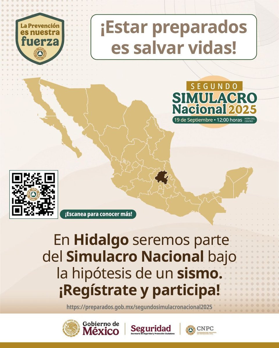 gobiernohidalgo's tweet image. 📢 La prevención es nuestra fuerza.  Participa en el segundo #SimulacroNacional 2025 este 19 de septiembre a las 12 horas.  #PrimeroElPueblo