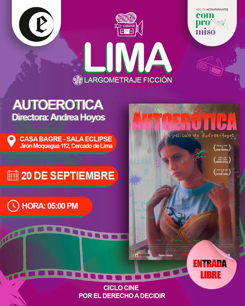 CompromisoRed's tweet image. LARGOMETRAJE DE FICCIÓN
📅 Sábado 20 de septiembre
🕔 Hora: 5:00 PM
📍 Casa Bagre – Sala Eclipse
Jirón Moquegua 112, Cercado de Lima
🎟️ ENTRADA LIBRE

Ven a disfrutar de una tarde de cine por el derecho a decidir. ¡Te esperamos! 🍿✨