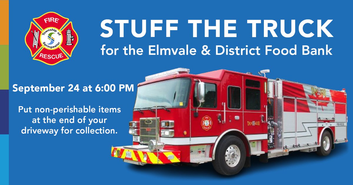 Help us #StuffTheTruck on Sept 24 for the Elmvale Food Bank! Starts at 6:00 p.m. Leave donations at the end of your driveway or drop them off at any fire station. Full details: springwater.ca/en/news/stuff-…