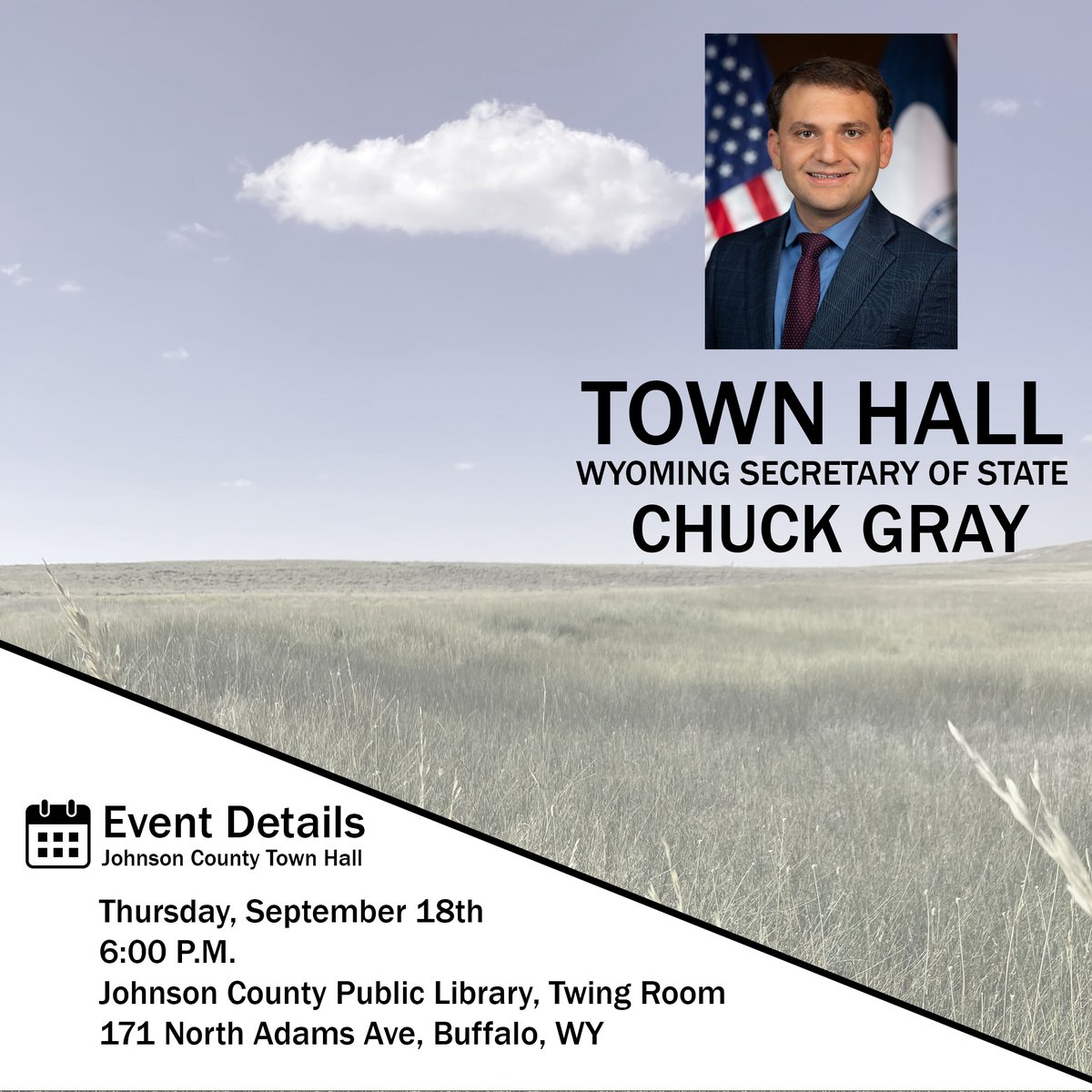 Join Secretary Gray on Thursday, September 18th at 6:00 PM at the Johnson County Library in Buffalo for a town hall as part of his continuing town hall series.
