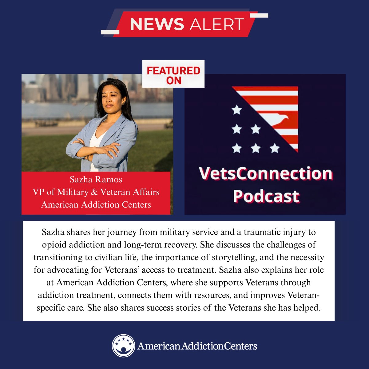 Addiction, recovery, and giving back to those who serve. 💙
Our VP Sazha Ramos talks Veteran-focused care on the VeteransConnection Podcast. Learn more: loom.ly/_QpzEo8

#Veterans #AddictionRecovery #MentalHealth #VeteranSupport #AACares