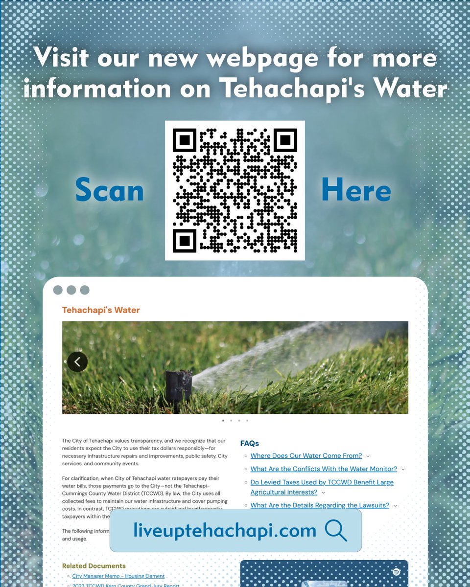 Want to learn more about Tehachapi's water? Visit our new webpage! Plus, we'd love to answer the community's questions on water-related topics -- send us your questions, media@tehachapicityhall.com.