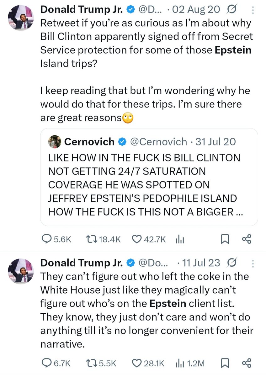 Redpill_Pusher's tweet image. As people claim we shouldn&apos;t be worried about Epstein Island or the #EpsteinClientList (that now influencers claim doesn&apos;t exist), let me remind you all what the @POTUS&apos;s son,  .@DonaldJTrumpJr, said about this topic...

Be careful who you follow.