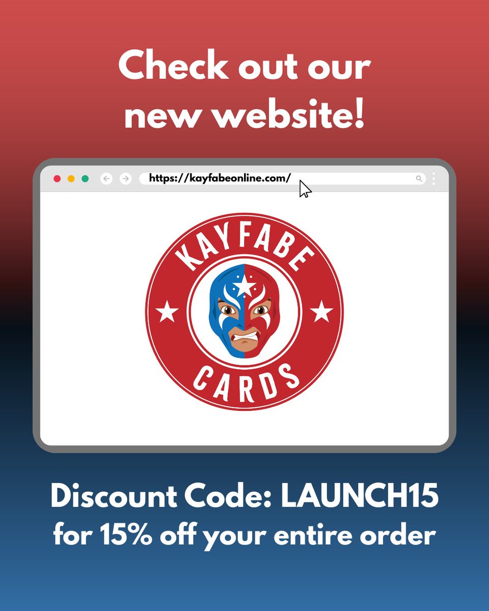 KayfabeCardsLLC (@kayfabecardsllc) on Twitter photo Step into the ring at the new Kayfabe Cards website! Our website is now kayfabeonline.com 
To celebrate our launch, we're offering a special discount code: LAUNCH15, which you can use once to receive 15% off your order. This discount is valid until Sunday, the 28th. Step into the ring at the new Kayfabe Cards website! Our website is now kayfabeonline.com 
To celebrate our launch, we're offering a special discount code: LAUNCH15, which you can use once to receive 15% off your order. This discount is valid until Sunday, the 28th.