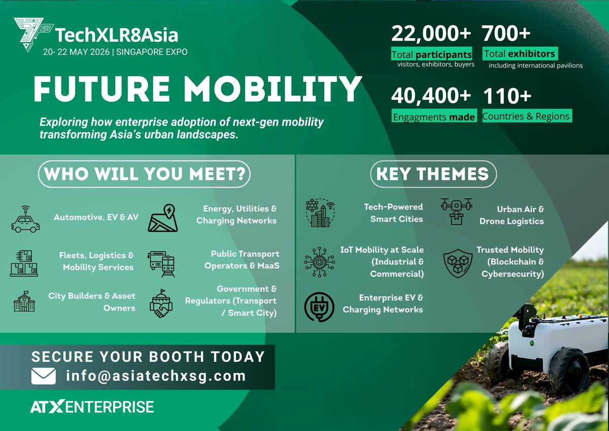 TechXLR8's tweet image. 🚗 Asia is driving the global mobility revolution!
Join Asia's mobility transformation at #TechXLR8Asia 2026!
🔒 Secure your exhibition space and connect with decision-makers shaping transportation's future across Asia!
⬇️ Download our 2026 Brochure here spr.ly/6017ARYvt