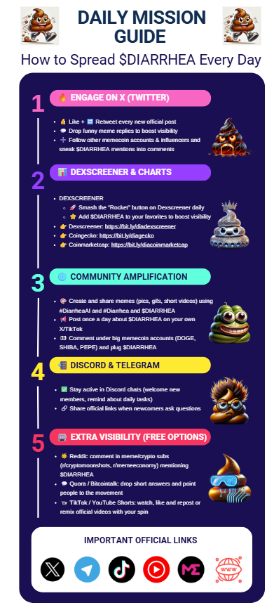 diarrhea_ai's tweet photo. 🚨 DAILY MISSION ALERT 🚨

Let’s spread the $DIARRHEA 💩 — one flush at a time.

💥 Every like, retweet, meme, and DEX click counts!
🎯 Follow our DAILY MISSION GUIDE and help us:

1️⃣ Boost visibility on X (Twitter)
2️⃣ Rocket $DIARRHEA on Dexscreener, CMC, & more
3️⃣ Drop memes in the wild and tag influencers
4️⃣ Keep Discord & Telegram active and welcoming
5️⃣ Go the extra mile: Reddit, Quora, TikTok — FLUSH ‘EM ALL 🚽
🧻 Toilet Paper is the REMEDY.
📈 Diarrhea is the MOVEMENT.
💩 YOU are the community that’s going viral.

📎 Grab the guide. Complete your missions.
Tag your proof. Let’s pump the stank into the stratosphere.

#DiarrheaArmy #FlushToWin #MemecoinMadness