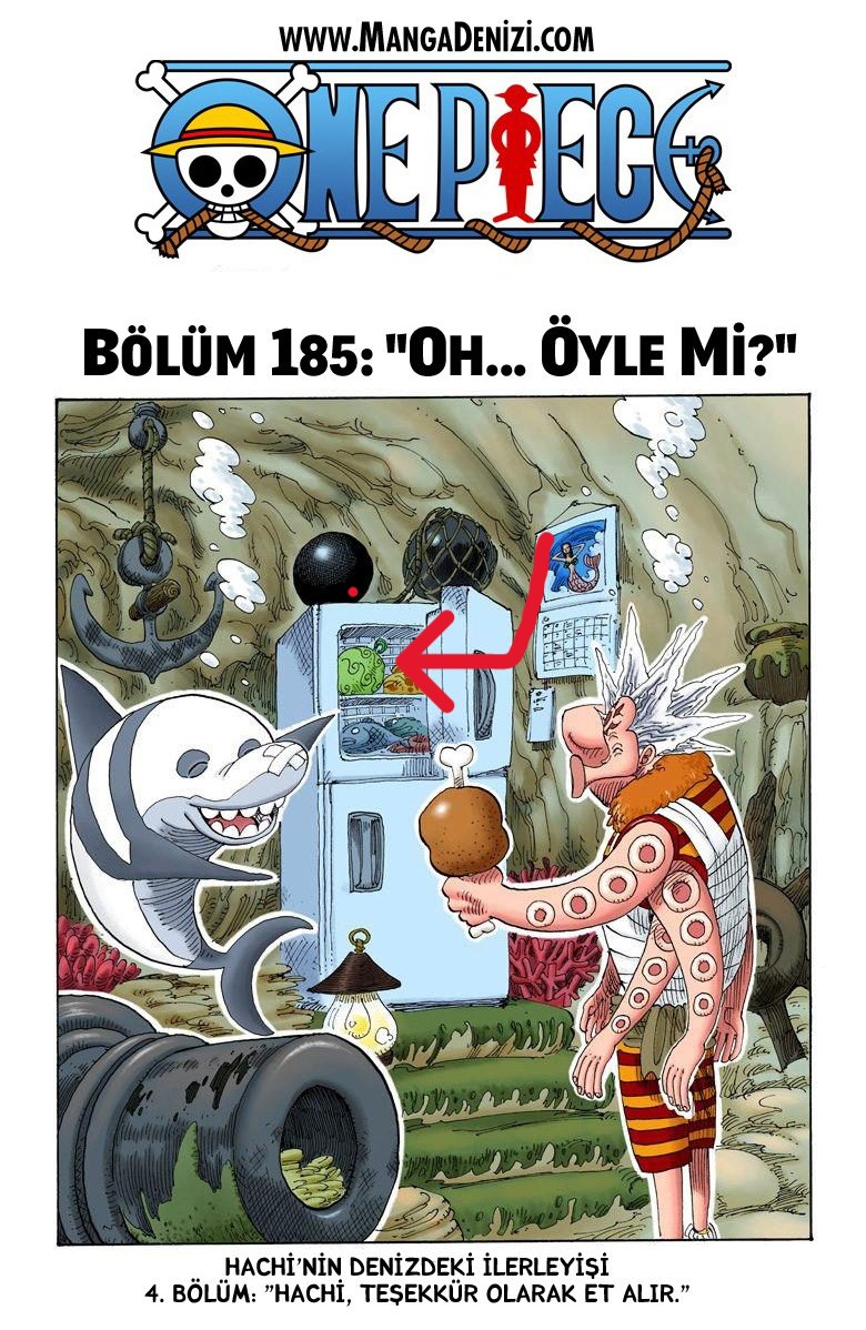 185 kapak bölümünde gözüken şu yeşil Şeytan Meyvesi hakkında ki teorilerinizi alayım :)
Hachi bu meyveyi neden kullanmadı?
Meyve neden suyun altındaki bir panda-köpek balığındaydı dfsghfgd?