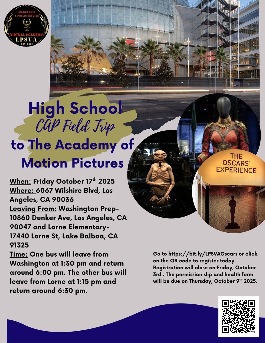 SLPSVA's tweet photo. High School Field Trip Sign-up: The Academy of Motion Pictures
Space is limited to 30 students. Please complete this entire form by Friday, October 3, 2025.
https://t.co/2AOs4qH1rf https://t.co/9faXh2apwX