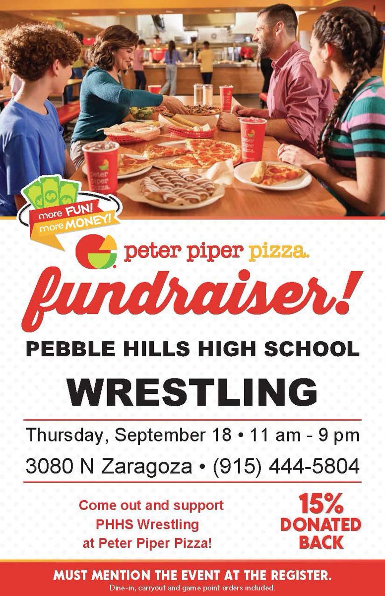 CPanh2o_PHHS's tweet image. TOMORROW 
TOMORROW
MANANA

SKIP THE KITCHEN
GET OUTTA THE HOUSE

YOU DESERVE IT

TELL THEM YOU ARE THERE TO SUPPORT OUR WRESTLING TEAM AND 15% OF YOUR PURCHASE HELPS OUR 25-26 WRESTLING CAMPAIGN 

🦍❤️💯💯💯
@peterpiper_ep 
@PebbleHHS_FB 
@PHills_HS