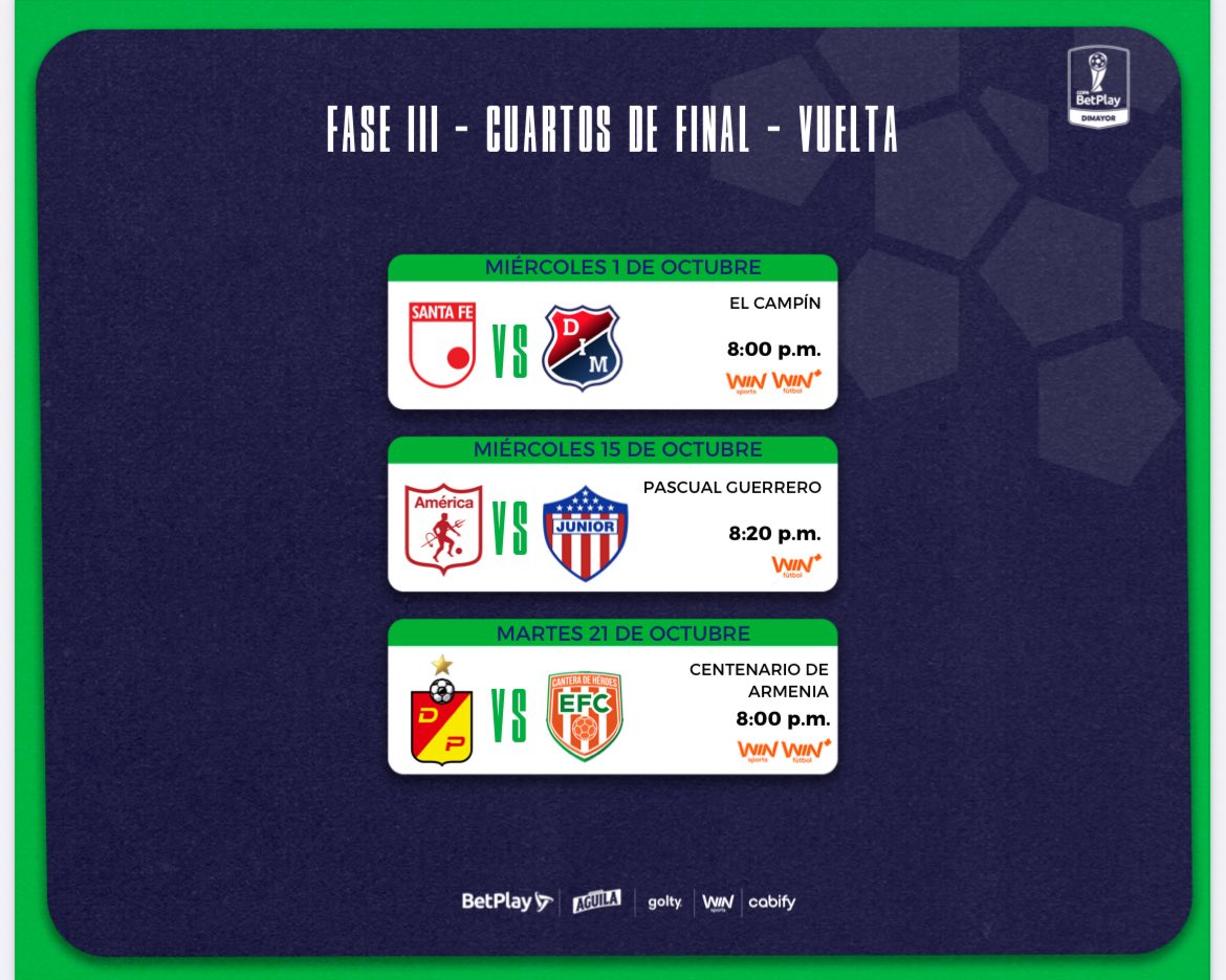🚨Confirmados horarios y fechas de los cuartos de final de la Copa Colombia:👇

⚽️ Ida: <a href="/JuniorClubSA/">Junior FC</a> 🆚 <a href="/AmericadeCali/">América de Cali</a> . 
🗓️ 2 de octubre. 
⏰ 8:00 p.m.

⚽️ Vuelta: América 🆚 Junior 
🗓️ 15 de octubre. 
⏰ 8:20 p.m.