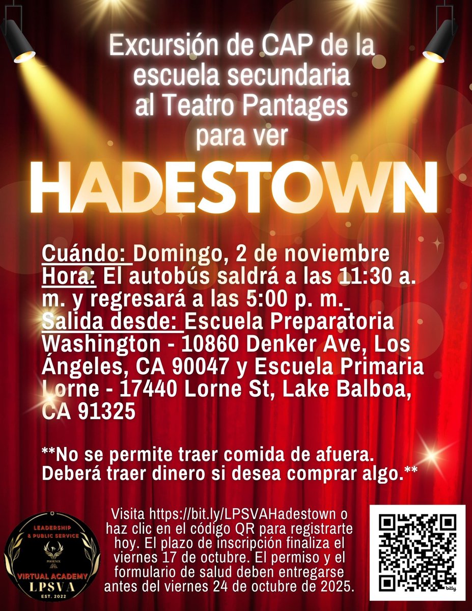 SLPSVA's tweet photo. High School Field Trip Sign Up: HADESTOWN
Space is limited to 30 students. Please complete this entire form by Friday, October 17, 2025.
https://t.co/usJd0nEZR5 https://t.co/w0uIwYIdUd