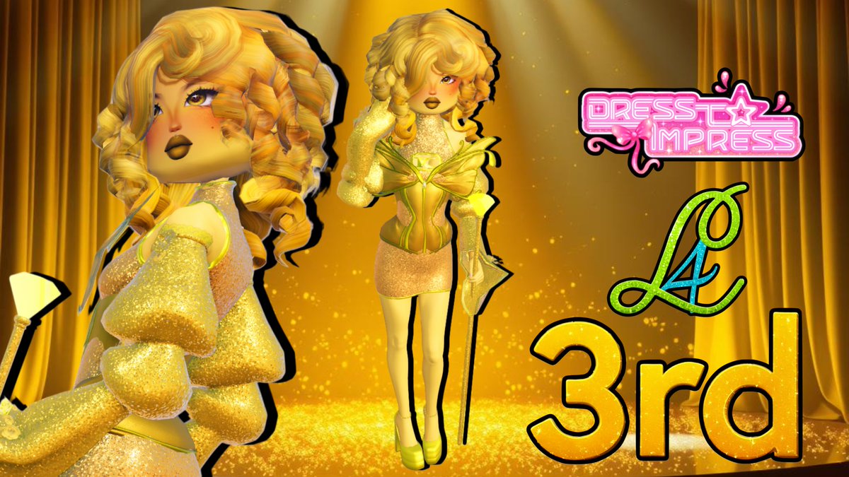 Luna4ura's tweet image. Striking gold in third place, this yellow diva is serving lemon meringue realness on the Dress to Impress runway! 💛✨ #DressToImpress #YellowVibes #RobloxFashion #GoldenGlam #ThirdPlaceSlay #DTI