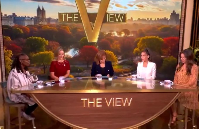 Five individuals seated at a curved wooden table with "THE VIEW" inscribed on the front. Behind them is a backdrop featuring a scenic autumn landscape with trees and a city skyline. Cups and papers are on the table.