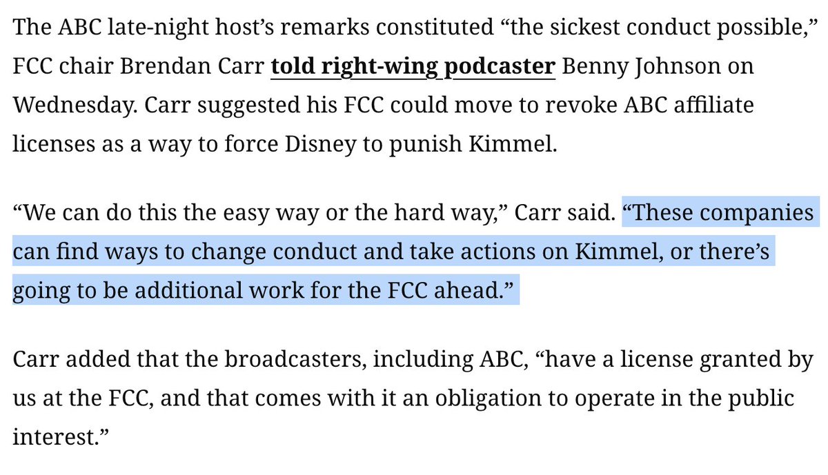 it is really important for news outlets to be clear (unlike the AP here) that Kimmel was suspended not because of some grassroots backlash but because ABC caved to threats from the head of the FCC cnn.com/2025/09/17/med…