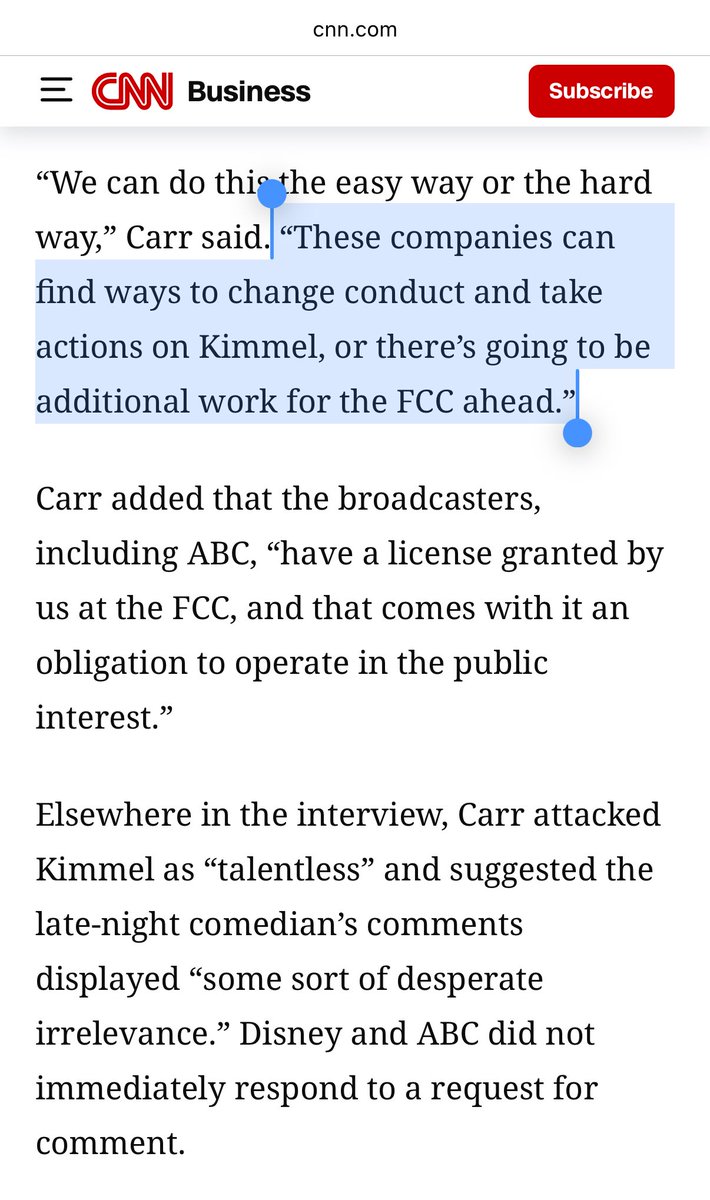 FCC commissioner Brendan Carr on Wednesday: “These companies can find ways to change conduct and take actions on Kimmel, or there’s going to be additional work for the FCC ahead.”