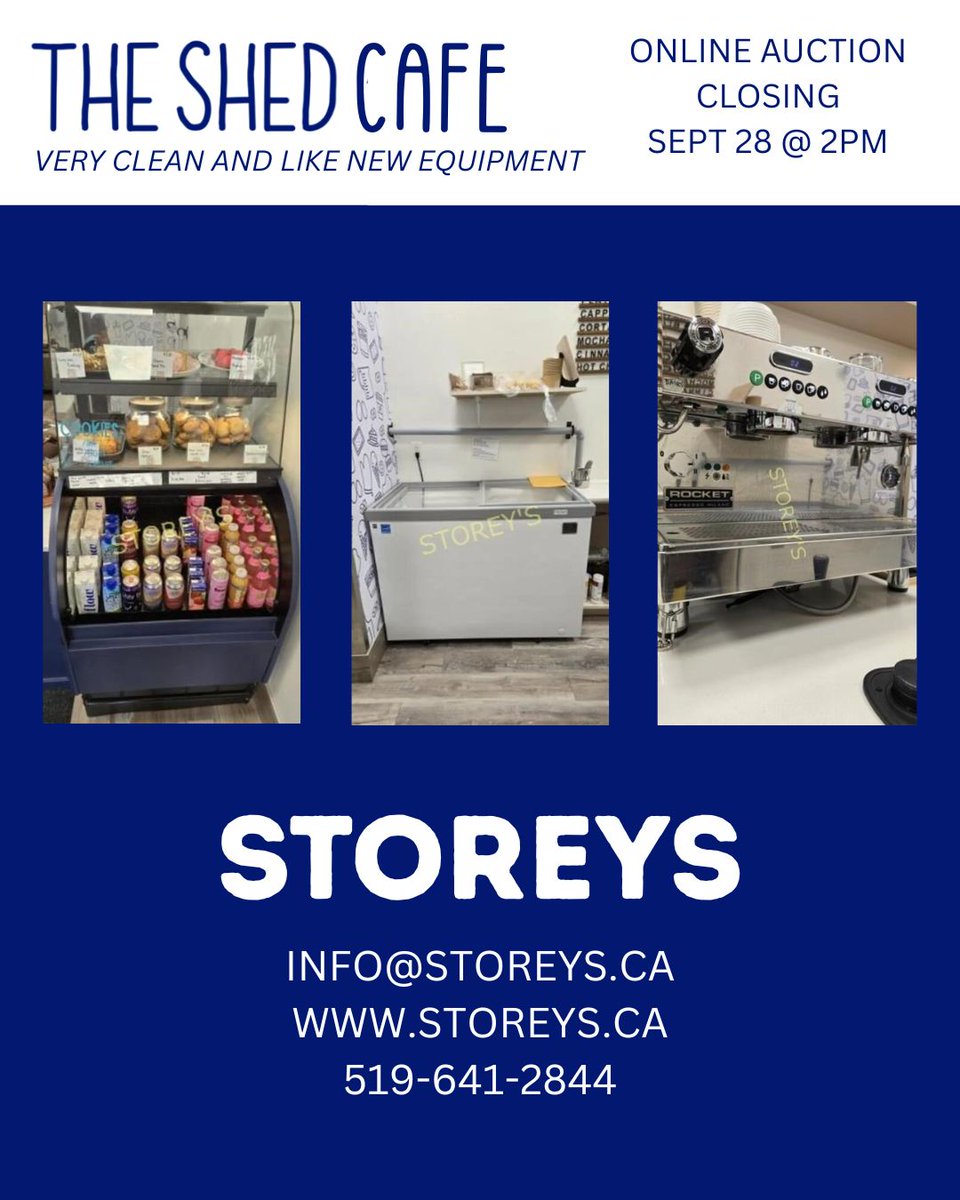 The Shed Cafe, St Jacobs Online Auction
Link:  storeys.hibid.com/catalog/677787…
When: Sun Sept 28 @ 2pm
Location: 1406 King St N, St Jacobs ON
Preview: Mon Sept 22 from 8:30am - 11:30am
Removal: ONE DAY ONLY!
Mon Sept 29 from 10am - 2pm
Full Catalog Coming After Preview on Sept 22nd