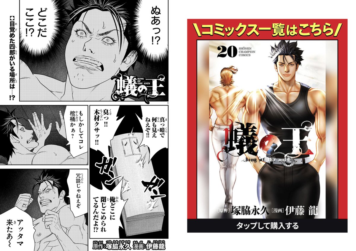 一回、四郎の尻画像をアップしたんだけど
センシティブな何かにひっかかる恐れがあるというので、一回消して。

別の画像をアップしようと思ったら、全コマ、裸ですよこいつ。一ページ目だけギリギリOKというw

蟻の王、最新話、更新されてまーす! 