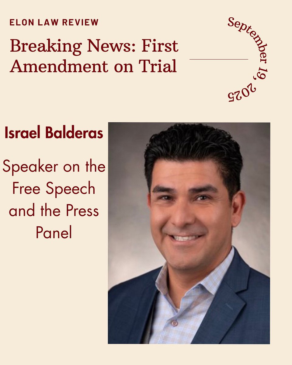 ElonLawReview's tweet photo. Israel Balderas: speaker on the Free Speech and the Press Panel at Elon Law Review’s symposium, “Breaking News: First Amendment on Trial.” https://t.co/OiEH0vJJUg