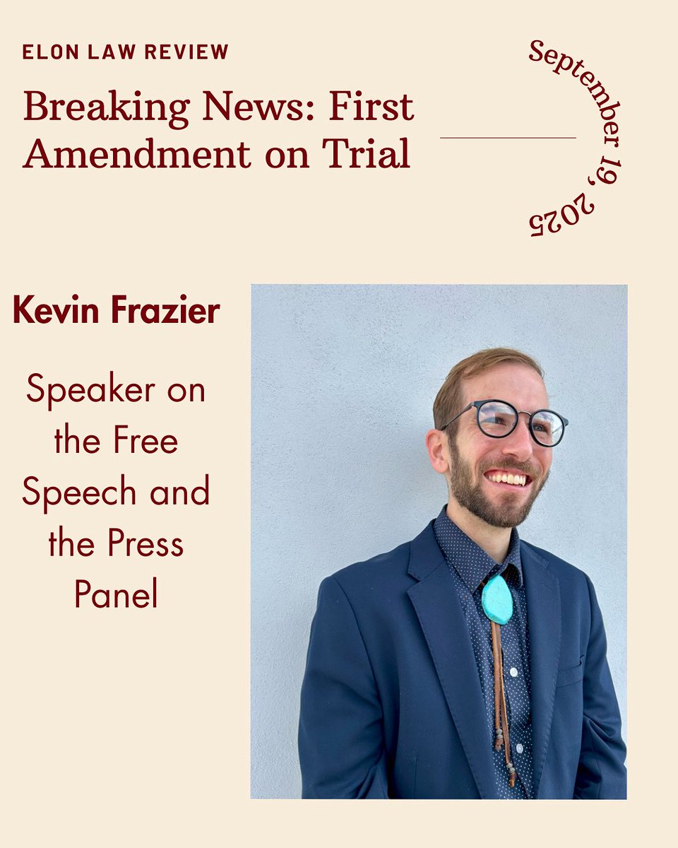 ElonLawReview's tweet photo. Kevin Frazier: speaker on the Free Speech and the Press Panel at Elon Law Review’s symposium, “Breaking News: First Amendment on Trial.” https://t.co/Dmz9gWSxkg