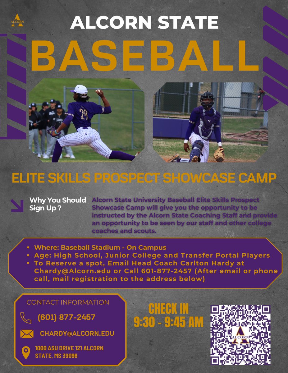 🚨 Calling all future Braves‼️

Alcorn State Baseball Prospect Camp is set for October 12th. 

Showcase your skills and get noticed!

🏟️ Willie E. “Rat” McGowan Stadium
⏰ 10am to 2pm 
🗓️ October 12th 

🔗 Register now: tinyurl.com/bdmrsjd2

#BraveStrong | #BraveEnough ￼
