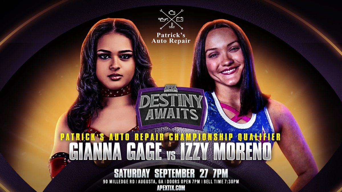 Who advances to the Championship Final?
#itsizzymania or Gianna?
Tickets on sale now at apextix.com
#Augusta #Wrestlepalooza #AEWSeptemberToRemember