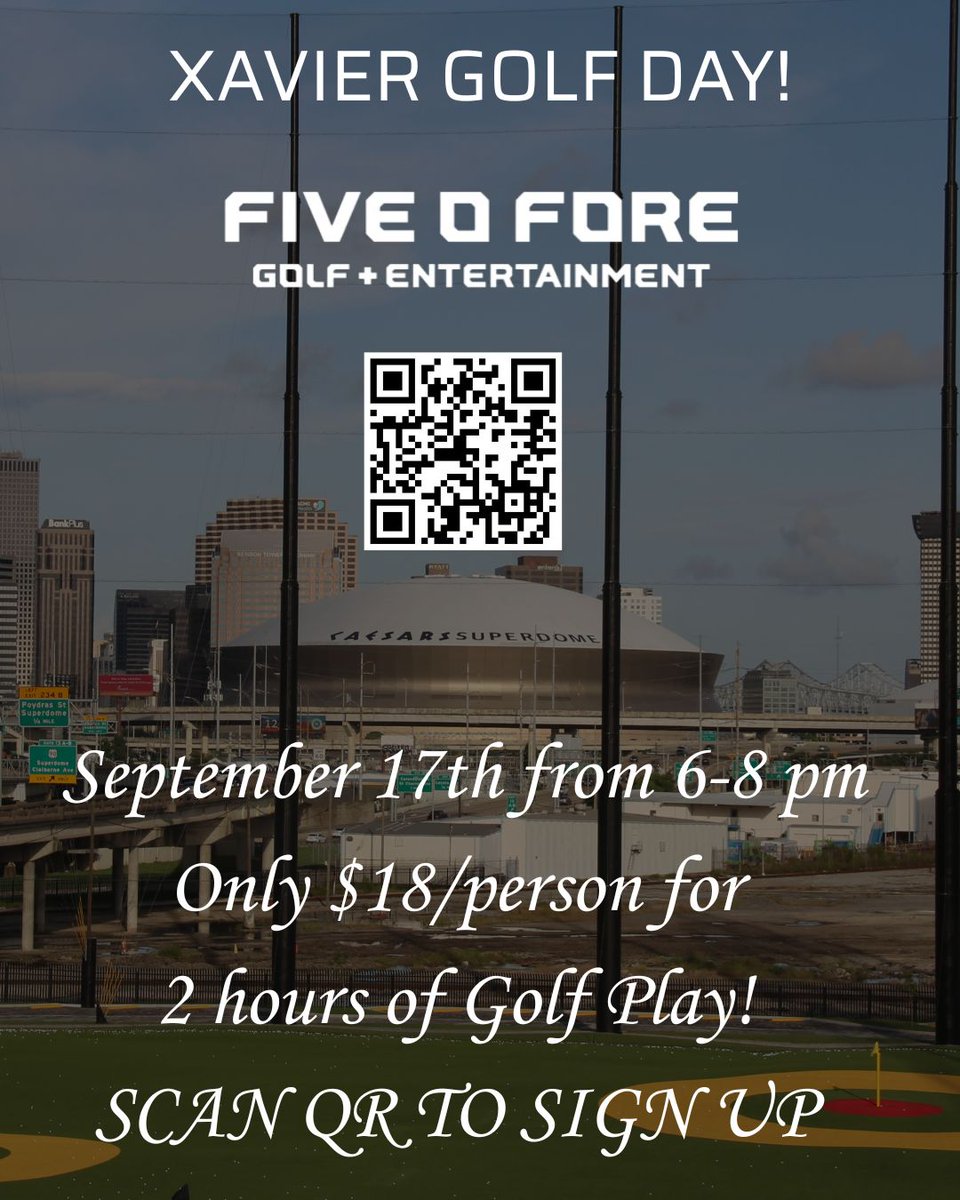 XULA_Recreation's tweet photo. It's Xavier Night at Five O Fore Golf!!!

Come get some swings in until 8:00pm!

Sign up at the link:
https://t.co/rygqawqp0E https://t.co/CdmBCgbD6J