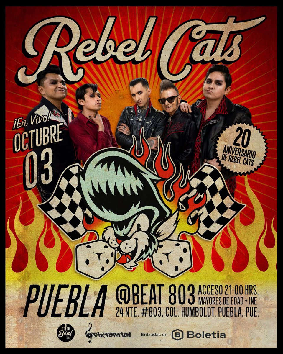 🐈‍⬛ <a href="/rebel_cats/">Rebel Cats</a> 🇲🇽 aterriza en casa para celebrar su XX Aniversario en los escenarios‼️
#RebelCatsXXaños 

🗓️Viernes 3 de Octubre 2025. 
Acceso: 09:00 PM 
Beat 803. 24 Nte #803. 
Col. Humboldt. Puebla. Pue.

Boletos disponibles en linea: 
…-xx-aniversario-en-puebla.boletia.com