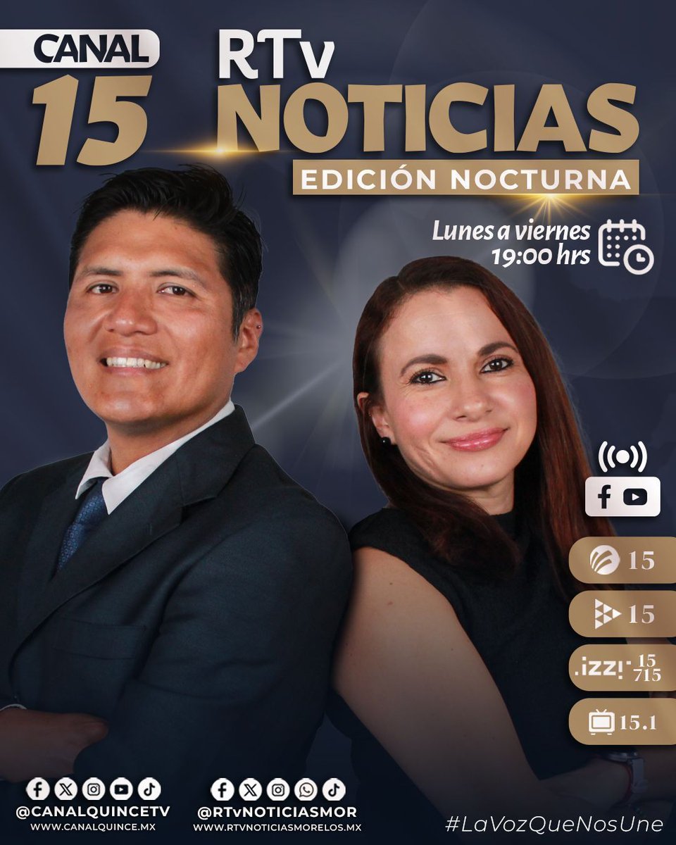 🔵 Cierra tu día bien informado.

Acompaña a Xavier Omaña y a Ana Lilia Mata en RTV Noticias edición nocturna, este día en punto de las 19:00 horas.
Información estatal, nacional e internacional, clara y oportuna.

📺 Solo por las señales de RTv Morelos.
