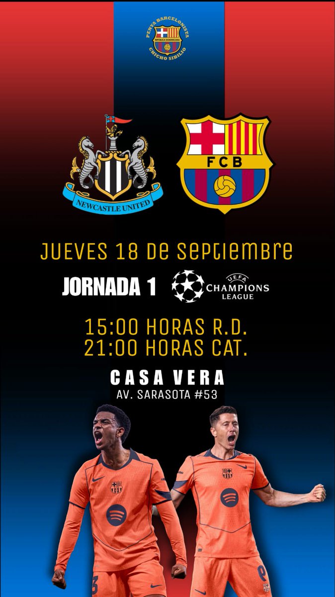 PBCSibilio's tweet image. Convocatoria a toda la Penya Barcelonista este jueves 18 de septiembre a las 15:00 horas, a nuestra sede oficial #CasaVera a disfrutar del primer partido de @ChampionsLeague 
Visca el Barça ❤️💙
#FCBarcelona #Fútbol #Penya  @FCBPenyes @FCBarcelona_es
#mesqueunclub #NewCastleBarca