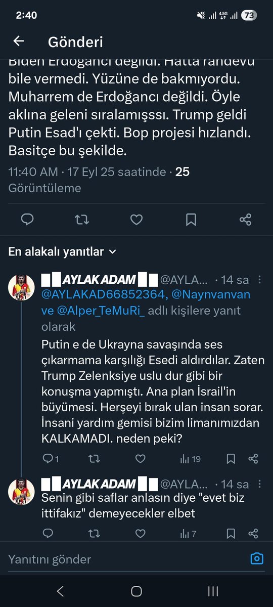 biri şu salağa hepsi doğru bile olsa neden dibimizde terör koridoruna erdoğanın izin vermediğini anlatsın. biri de çıksın esed'in hangi mantıkla israile karşı olduğunu sorsun biri de bu iddiaları söylemek için net gerizekalı ya da sol çomar olmalısın demeli