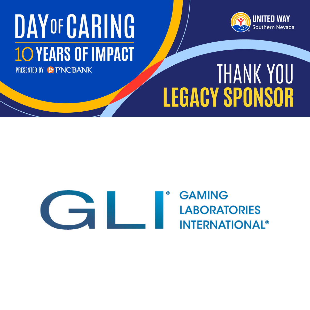 UWSN's tweet photo. 💙 Proud to recognize Gaming Laboratories International as a Legacy Sponsor of our 10th Annual Day of Caring, presented by @PNCBank! Their support empowers volunteers to make a lasting difference across Southern Nevada. Sign up: https://t.co/yDFBEl2CGj https://t.co/n2a4c5f0KW