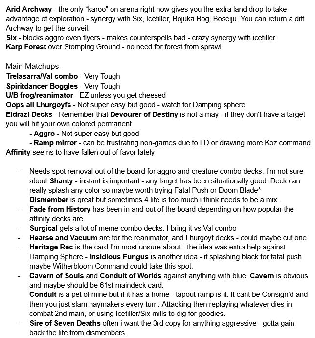 GuntherWersal's tweet photo. Historic Eldrazi Ramp (ponza?) - Decklist in ALT - Exploration crazy upside compared to Sprawl + Six &amp; Icetilller synergy. Sideboard is pretty rough but explained in attached note. @fireshoes https://t.co/fuVrcltO4Q