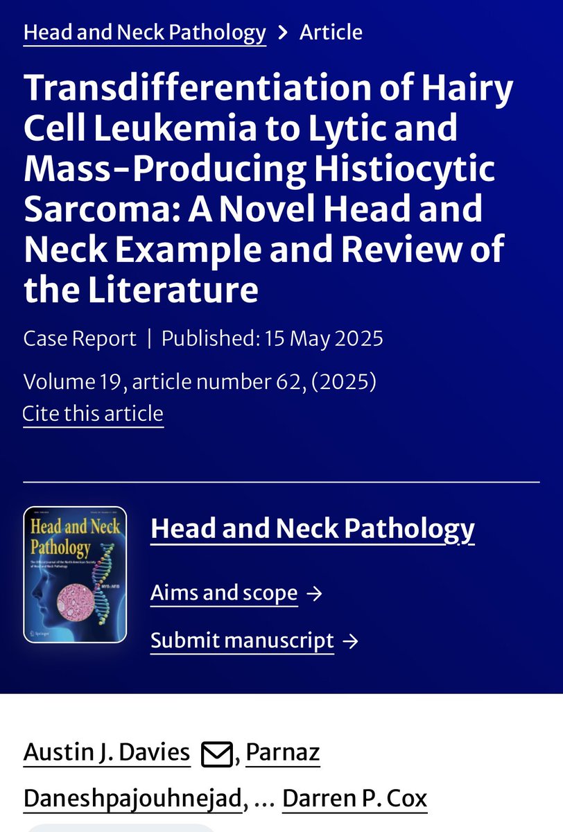 Paeanox's tweet image. Cancers aren’t always static. See our recent publication on transdifferentiation of a hairy cell leukemia to histiocytic sarcoma. Published in @HeadNeckPath @StanfordPath #PathTwitter #HemePath #MedTwitter #PathX
link.springer.com/article/10.100…