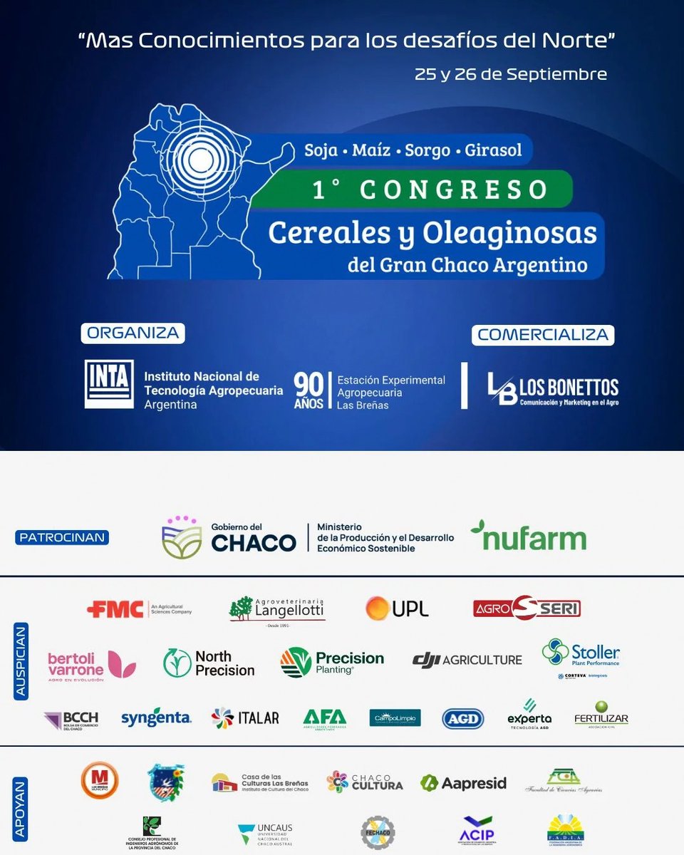 La #FADIA apoya e invita a particiar en el 1° Congreso de Cereales y Oleaginosas del Gran Chaco Argentino, a realizarse en la Casa de las Culturas de Las Breñas- #Chaco, los dias 25 y 26 de septiembre.

Cupos limitados! link de inscripción 👉 bit.ly/registro-congr…

#SomosFADIA