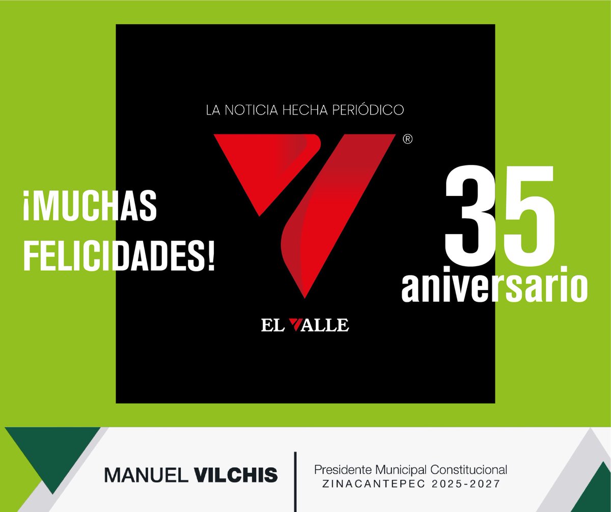 Felicito y envío un abrazo a todo el equipo de <a href="/elvallemexico/">El Valle</a> y a su Director <a href="/PepeNader/">Pepe Nader</a> por estos 35 años de periodismo profesional y objetivo en el Estado de México. ¡Enhorabuena!