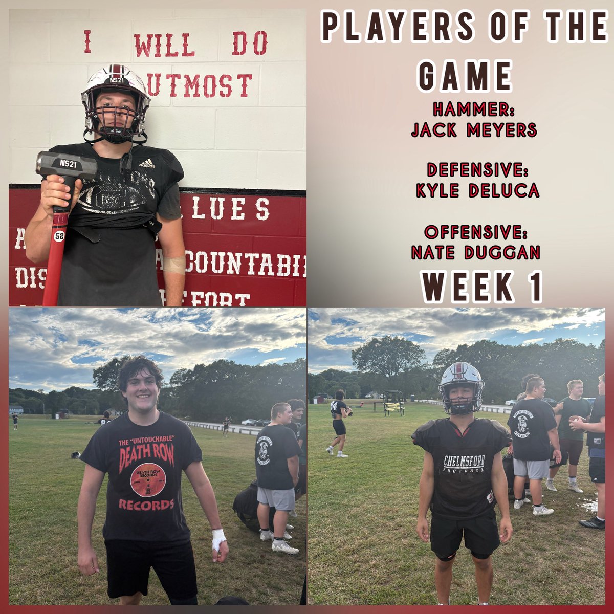 𝑷𝒍𝒂𝒚𝒆𝒓𝒔 𝒐𝒇 𝒕𝒉𝒆 𝑮𝒂𝒎𝒆: 𝑾𝒆𝒆𝒌 𝑶𝒏𝒆 🏈🦁
• The Hammer, Jack Meyers 
• Defensive Player, Kyle DeLuca
• Offensive Player, Nate Duggan 

#chelmsfordpride #bigcats #potg