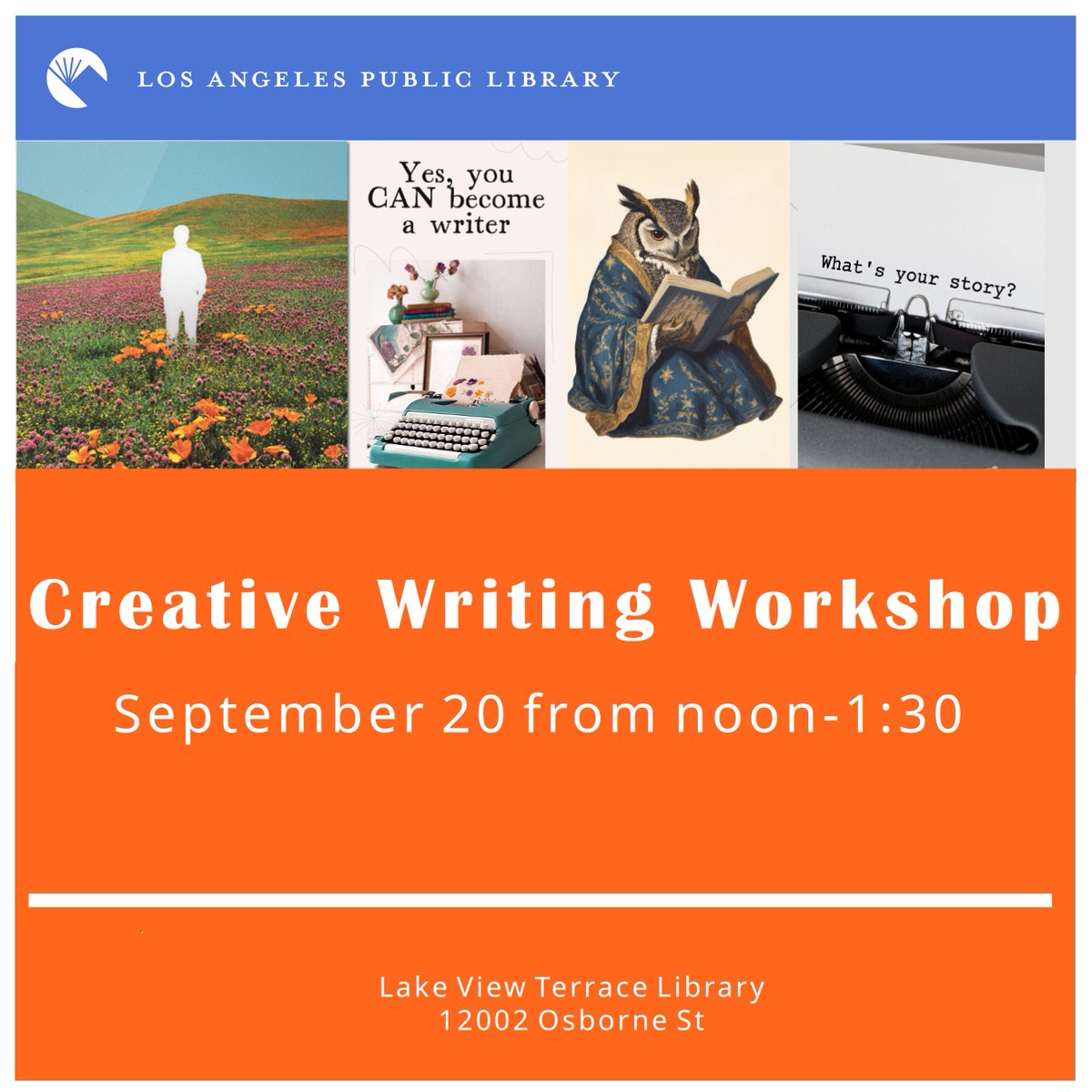 LVTLAPL's tweet image. Creative Writing Workshop
Saturday, September 20
12 pm to 1:30 pm
What&apos;s Your Story? Where will your imagination take you? Bring in a short story or poem to share...or just listen. Writing prompts will be provided.
#lapl #publiclibrary #lakeviewterrace #creativewriting