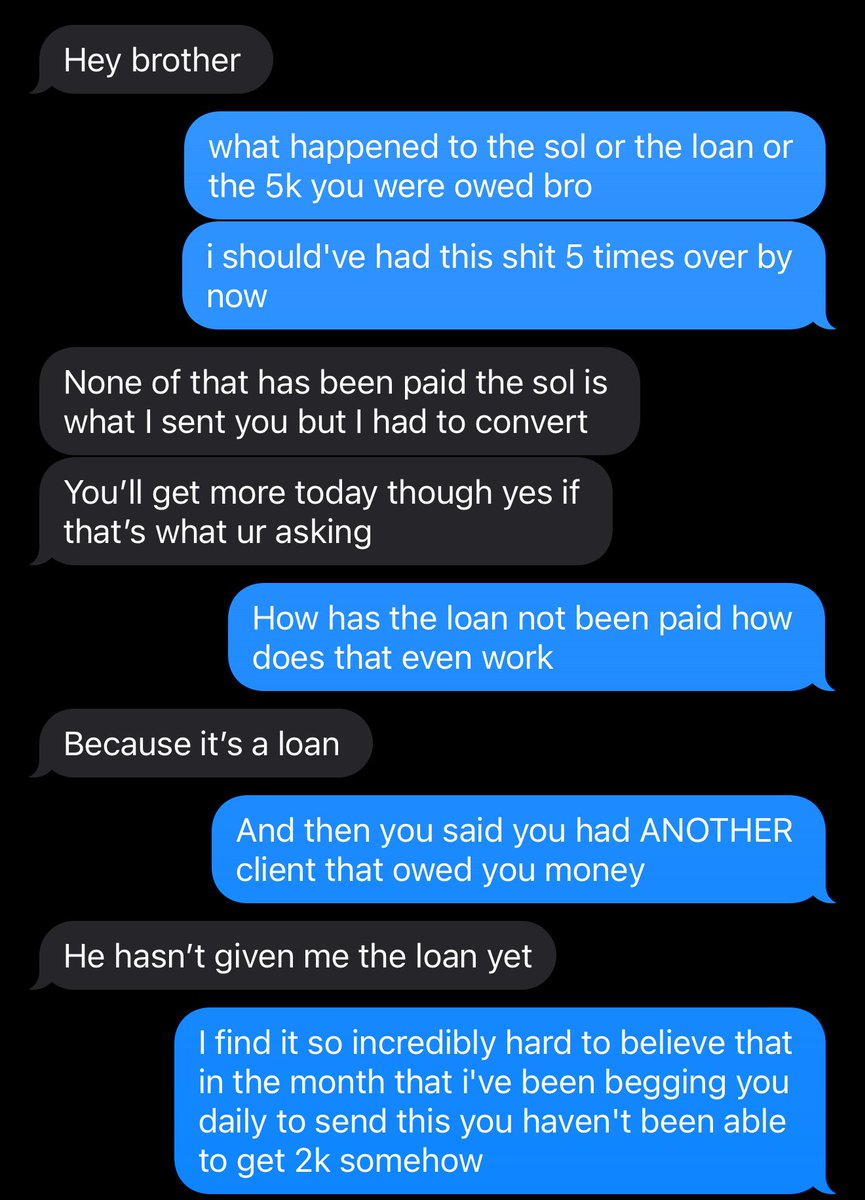 hate to do this but hopefully this will motivate him to figure it out

<a href="/coL_Waffster/">waff 😈</a> has owed me $2,000 since the 15th of last month, he was originally paid by the client and then told me he wasn't. i then went directly to the client and was told that Waff had been paid and lied