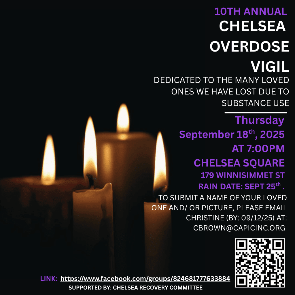 CityofChelseaPD's tweet photo. 10th Annual Chelsea Overdose Vigil
Thurs, Sept 18, 2025 | 7PM
Chelsea Square, 179 Winnisimmet St.
(Rain date: Sept 25)
A night to honor loved ones lost to substance use & stand together in healing. ๐
https://t.co/PpdSoNSgfl
#ChelseaStrong #EndOverdose #ChelseaRecoveryCommittee https://t.co/WimJzBzSbq