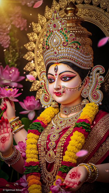 A statue of Goddess Durga adorned with a golden crown, intricate jewelry, and a red and gold saree. Yellow marigold garlands drape her shoulders, and pink lotus flowers surround her. Her hands hold symbolic items, and her face is painted with red and gold markings.